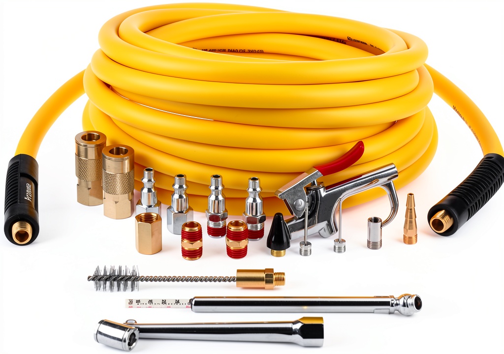 Installing Hromee Air Hose Kit 25ft Hybrid Blow Cleaning Tools on a wooden workbench