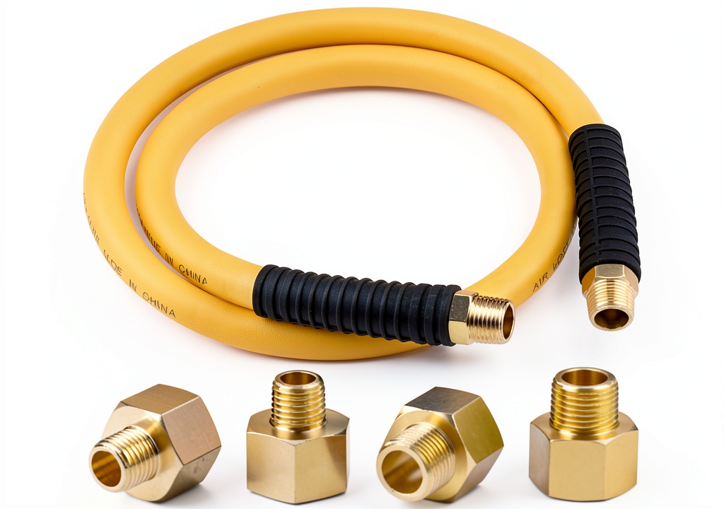 HOOTSUM hybrid air hose connected to an air compressor in a workshop
