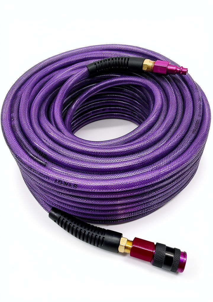 SYXQT polyurethane air hose connected to an air compressor in a workshop