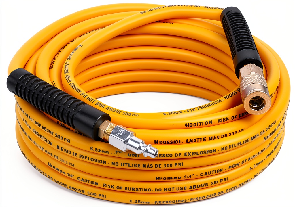 Hromee air hose connected to an air compressor in a workshop